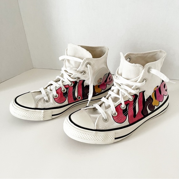 Women’s LE Converse Girls Unite in Red, Pink, Gold White High-Tops, Floral Tread - Picture 2 of 12